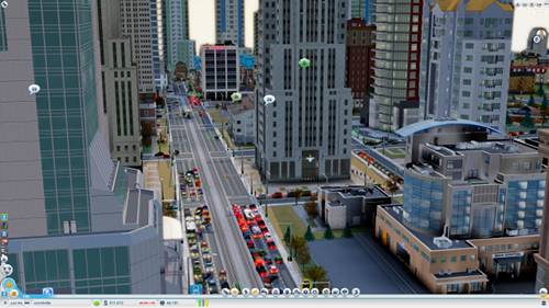 You can control the camera and zoom closely, or 'hover' at low altitude, where people and vehicles are clearly visible (and clickable!). Everything is simulated in Glassbox, SimCity's engine.